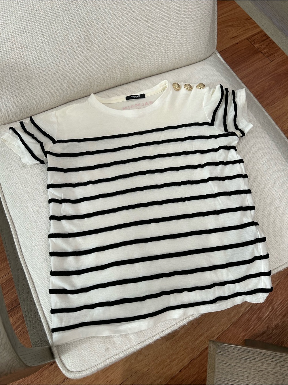 Balmain Black & White Striped Short-Sleeve Tee with Gold Buttons